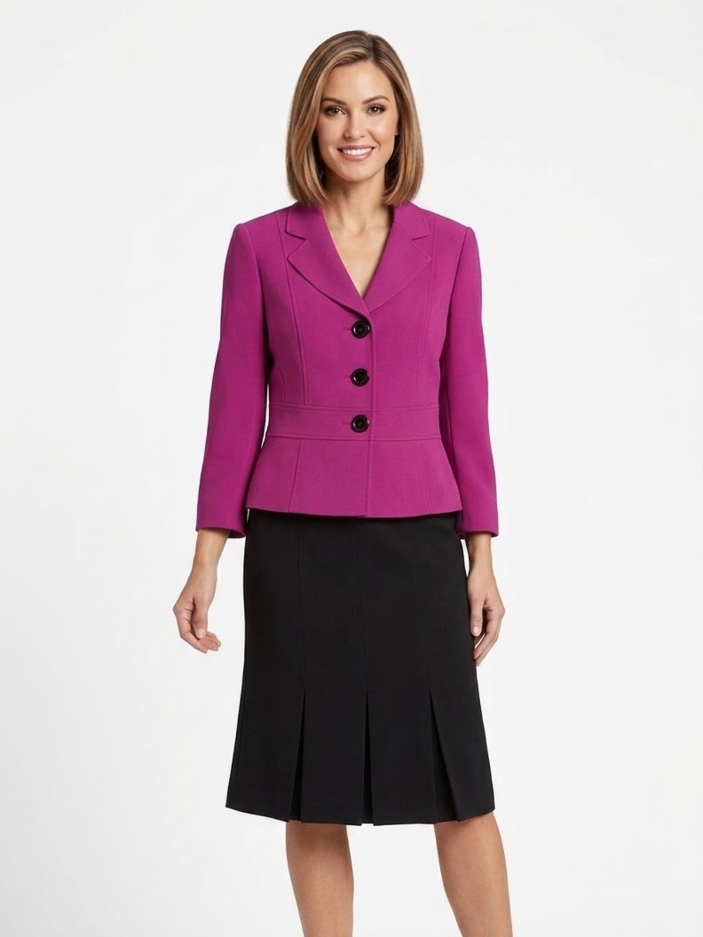 Tahari ASL Magenta Pink Peplum Blazer & Black Pleated Skirt Suit Set Size 6